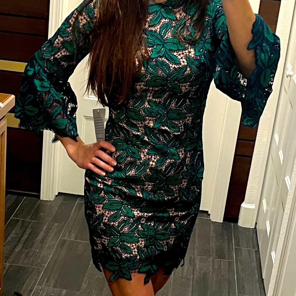 Dress the Population Lace Mini Cocktail Dress (Green/Navy)